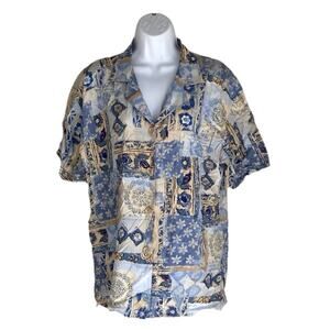 VTG Peter Popovitch Men’s Tropical Button Shirt Blue Floral Patchwork 90s XL